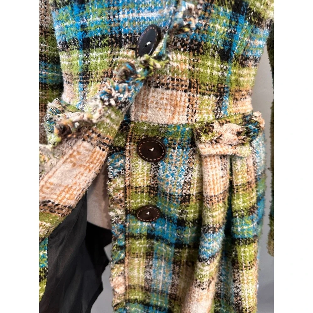 Anthropologie Nick &‎ Mo Retro Tweed Plaid Wool Flare Coat Small Fringed Boho
